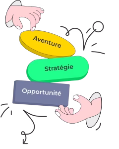 Illustration de l'agence digitale montrant des éléments visuels empilés représentant une stratégie web avec des mots-clés comme aventure, stratégie et opportunité, reflétant les services de création de site web, développement web et marketing digital.